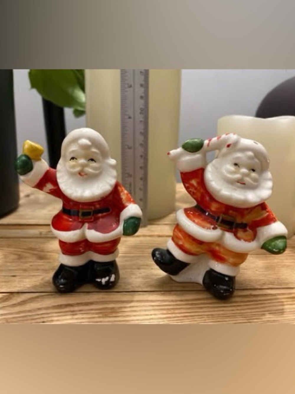 Vintage 1950s Ceramic Dancing Santa Claus Salt & Pepper Shakers Bell & Candy
